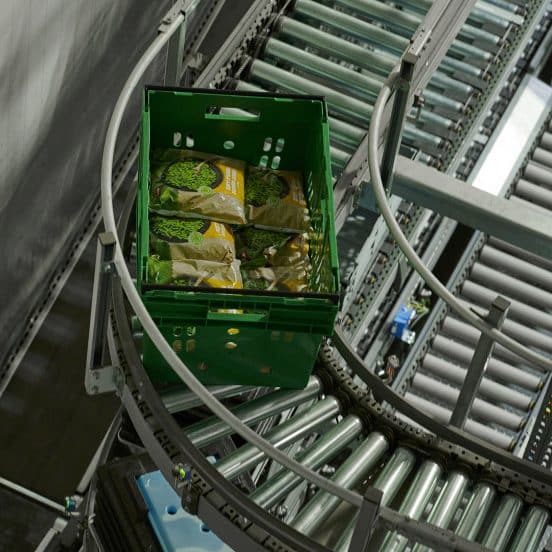 behållare med livsmedel på conveyorband